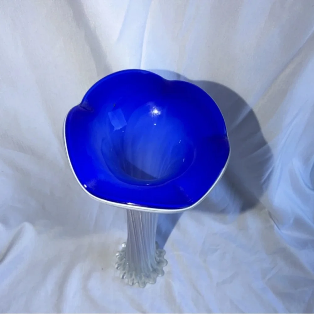 Vintage Cobalt Blue & White Cased Glass Ribbed Vase - 11" Tall - Picture 6 of 8